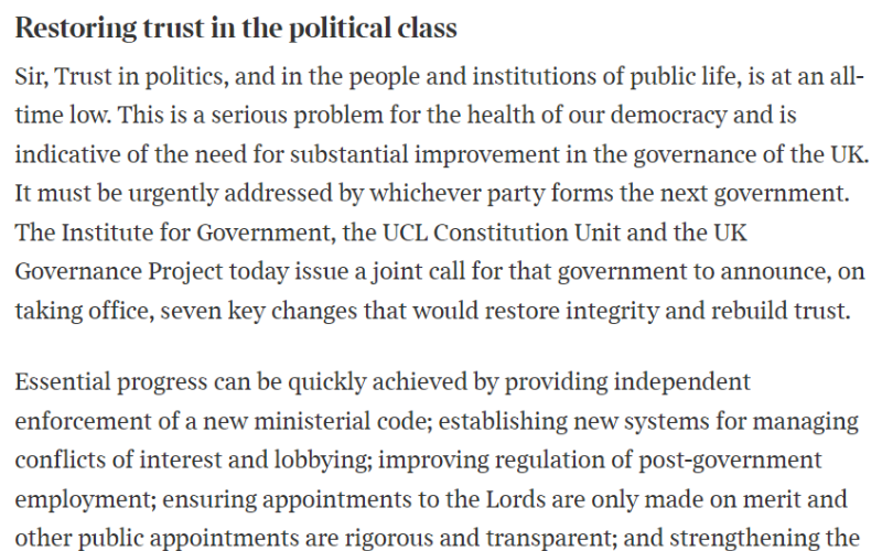 The first part of the text of the letter to The Times associated with the standards statement.